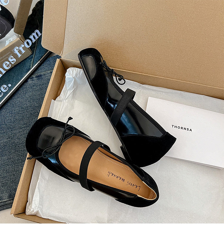 Karin Luna In Stock Spot Goods    Color Block Cowhide Leather Square Toe Slip-On Height Increasing Bowknot Flats