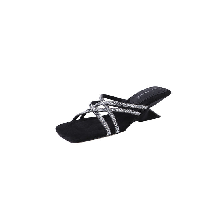 Karin Luna In Stock Spot Goods  Rhinestone Cross Strap Square Toe High Heel Slippers