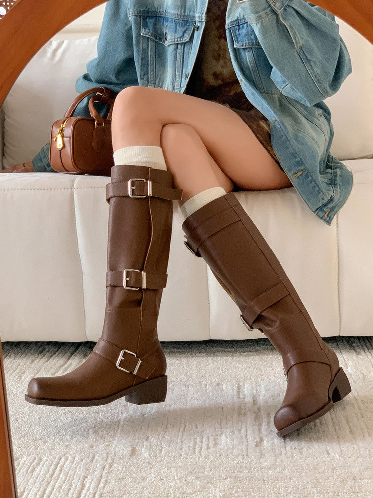 Karin Luna In Stock In Stock European and American Style Square Toe Thick Sole Belt Buckle Long Boots