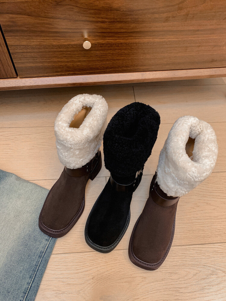 Karin Luna Genuine Lamb Wool and Cowhide Leather Hot-selling Metal Buckle Round Toe Chunky Heel Main Push Main Push