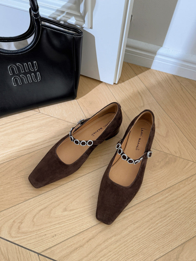 Karin Luna In Stock Spot Goods  Vintage Full Leather Square Toe Rhinestone Strap Shallow Mouth Single Shoes