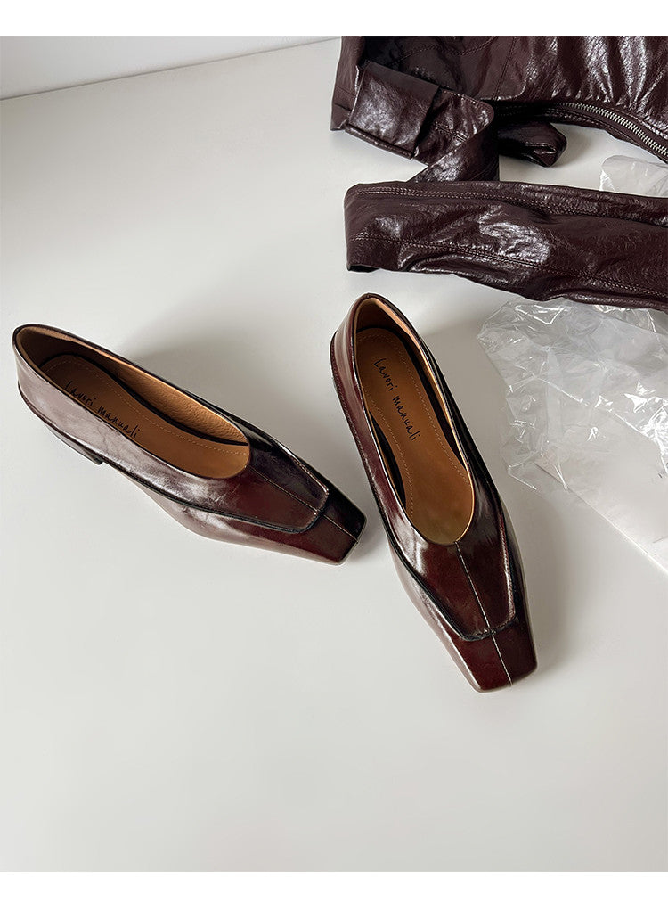 Karin Luna In Stock Spot Goods  Retro Full Leather Square Toe Shallow Mouth Single Shoes