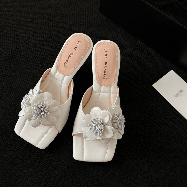Karin Luna In Stock Spot Goods Camellia Classic style retro square toe shaped heel slippers