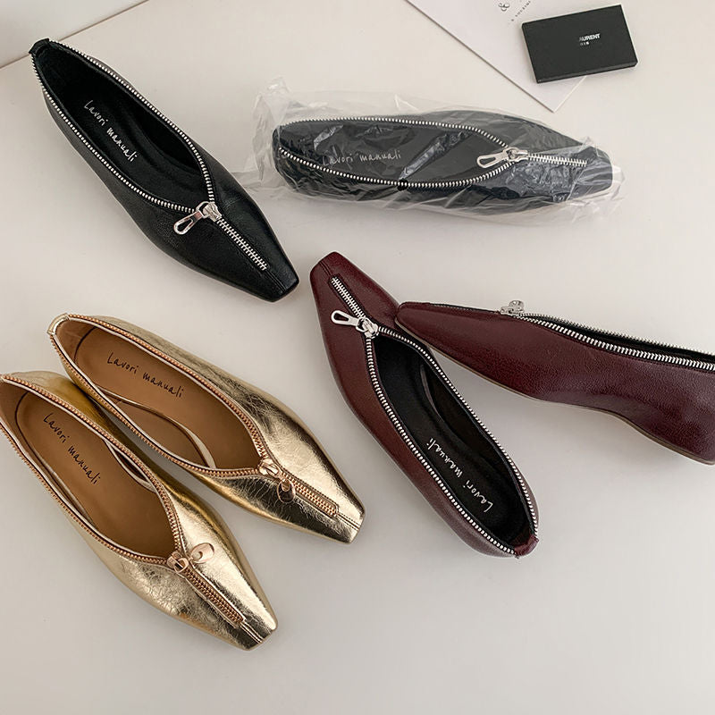 Karin Luna In Stock In Stock ~Basic Versatile Light Luxury Zipper Small Square Toe Flats