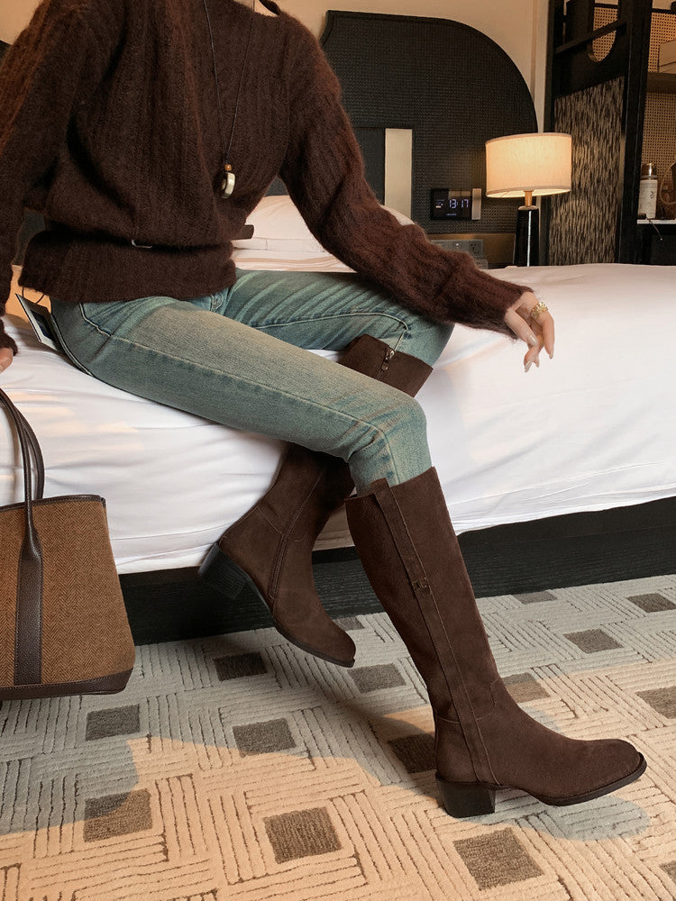 Karin Luna In Stock Spot Goods Basic Retro Square Toe Chunky Heel Riding Boots