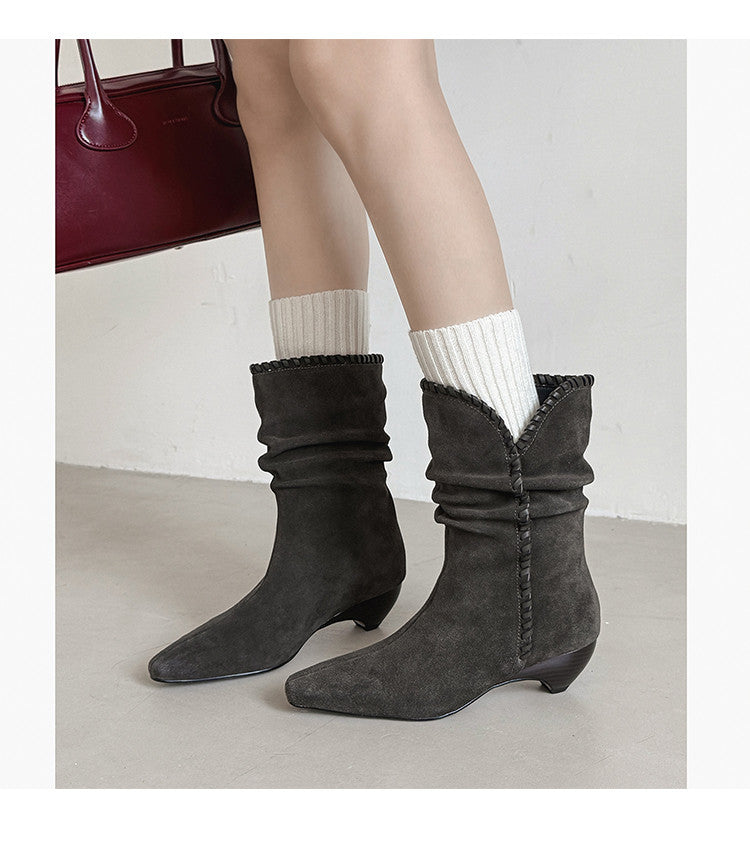 Karin Luna Small Square Toe Retro Ruched Pile Short Boots