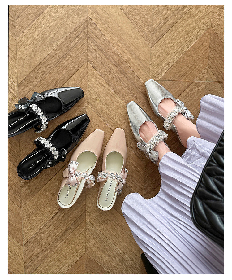 Karin Luna Handmade One-Strap Rhinestone Ribbon Square-Toe Mules