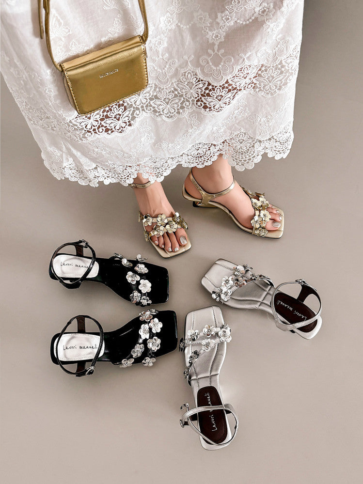 Karin Luna In Stock Spot Goods All the Best Square-Toed Sequin Flower Sandals