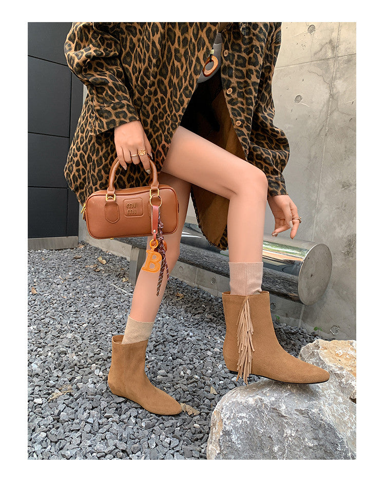 Karin Luna In Stock Spot Goods Tassel Square Toe Hidden Wedge Short Boots