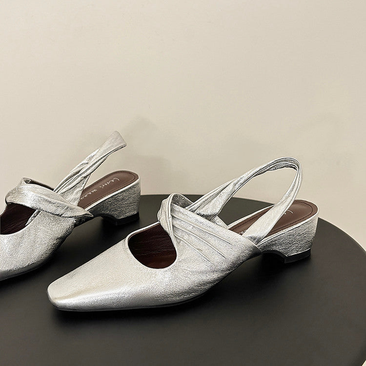 Karin Luna In Stock  Spot Goods Small Square Toe Wrinkled Chunky Heel Closed-Toe Sandals