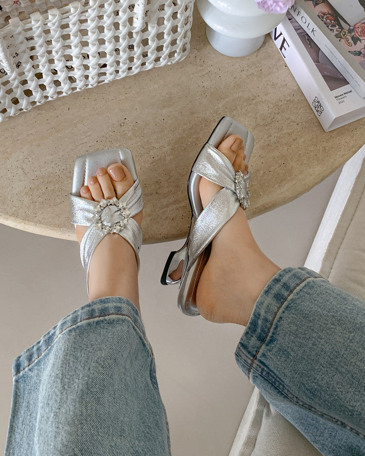 Karin Luna In Stock In Stock Elegant Square-Toe Cross-Strap Rhinestone Square-Toe Slippers