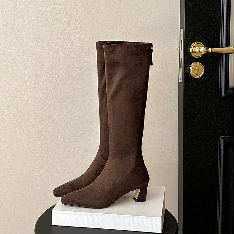 Karin Luna In Stock In Stock  Square Toe Chunky Heel Korean Style Elegant Long Boots