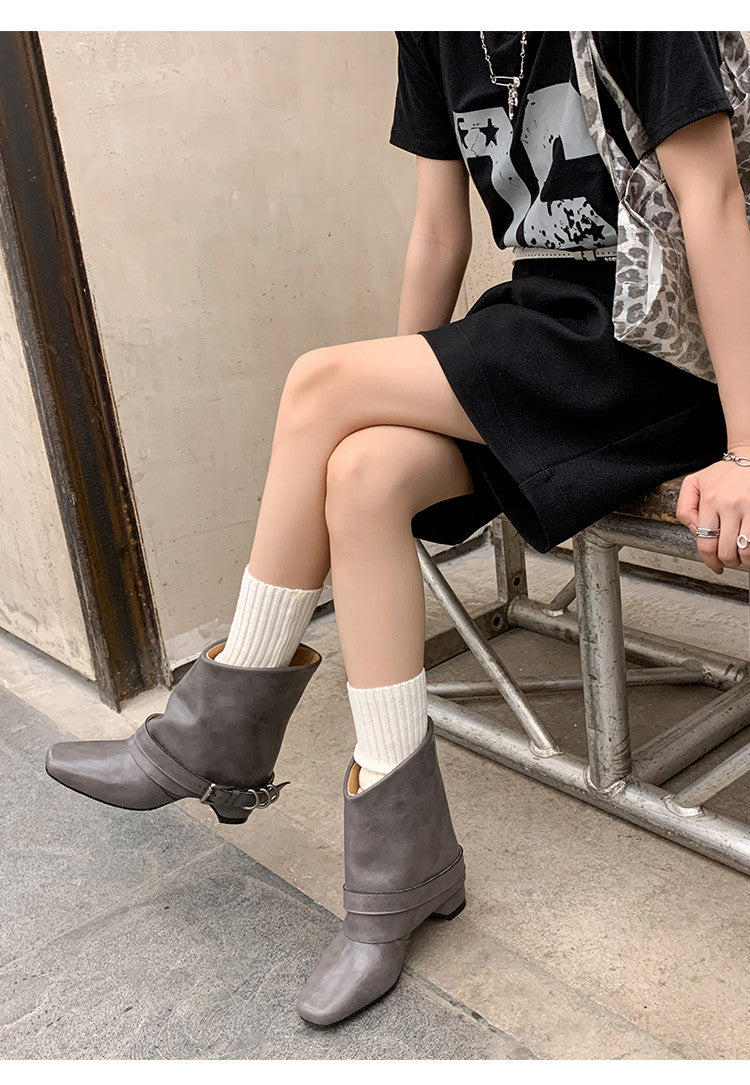 Karin Luna Data Hot Item Square Toe Hidden Wedge Belt Buckle Suede Ankle Boots