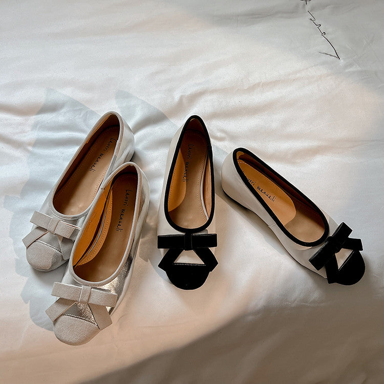 Karin Luna In Stock Spot Goods    Color Block Sweet Bowknot Hidden Wedge Shallow Mouth Flats