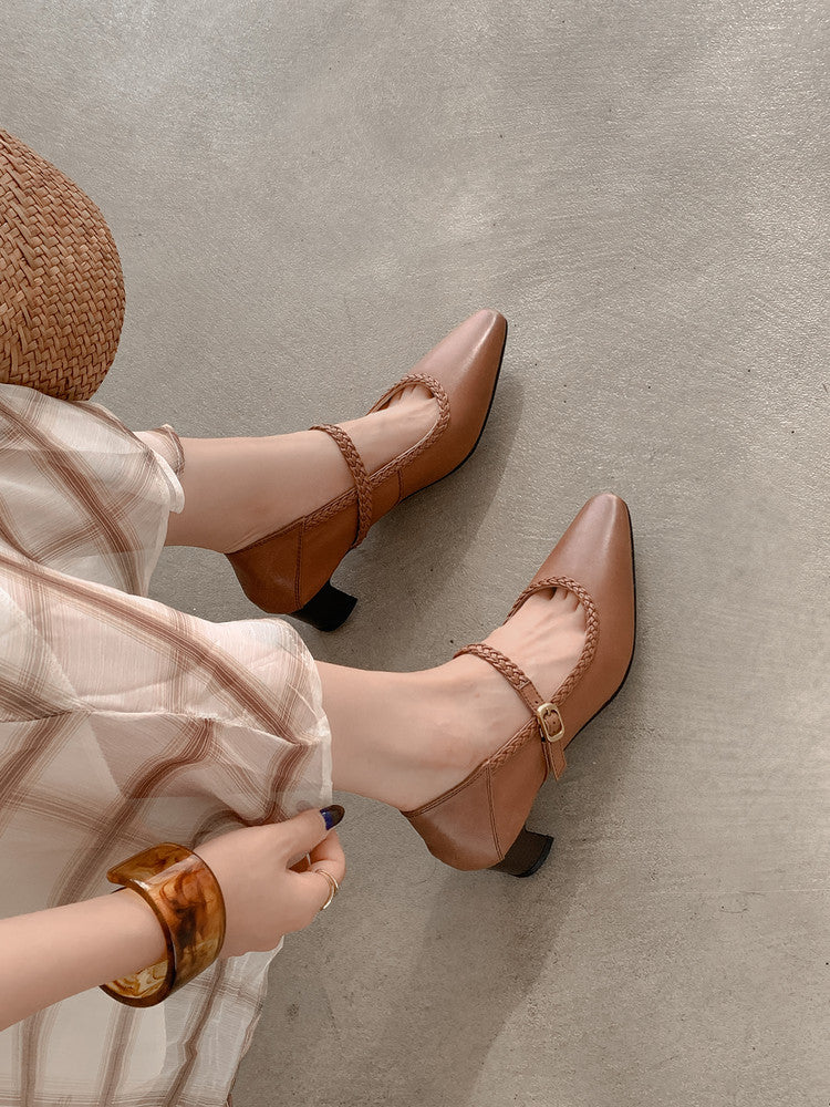 Karin Luna Braided Element Design Chunky Heel Square Toe Single Strap Shoes