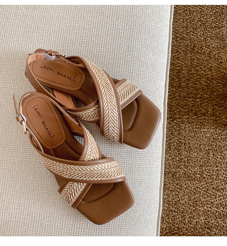 Karin Luna In Stock  Spot Goods Woven Style  Cross-strap Vacation Style Flat Sandals