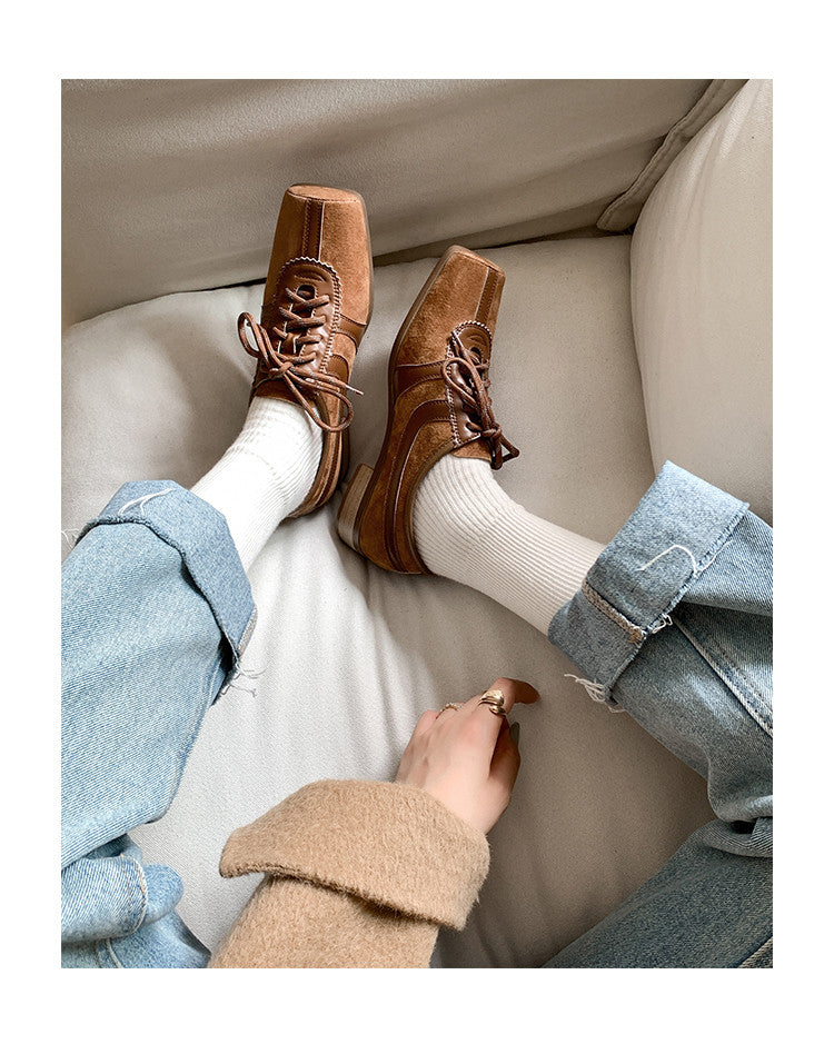 Karin Luna In Stock Spot Goods   Pig Nose Thin Strap Square Toe Patchwork Single Shoes