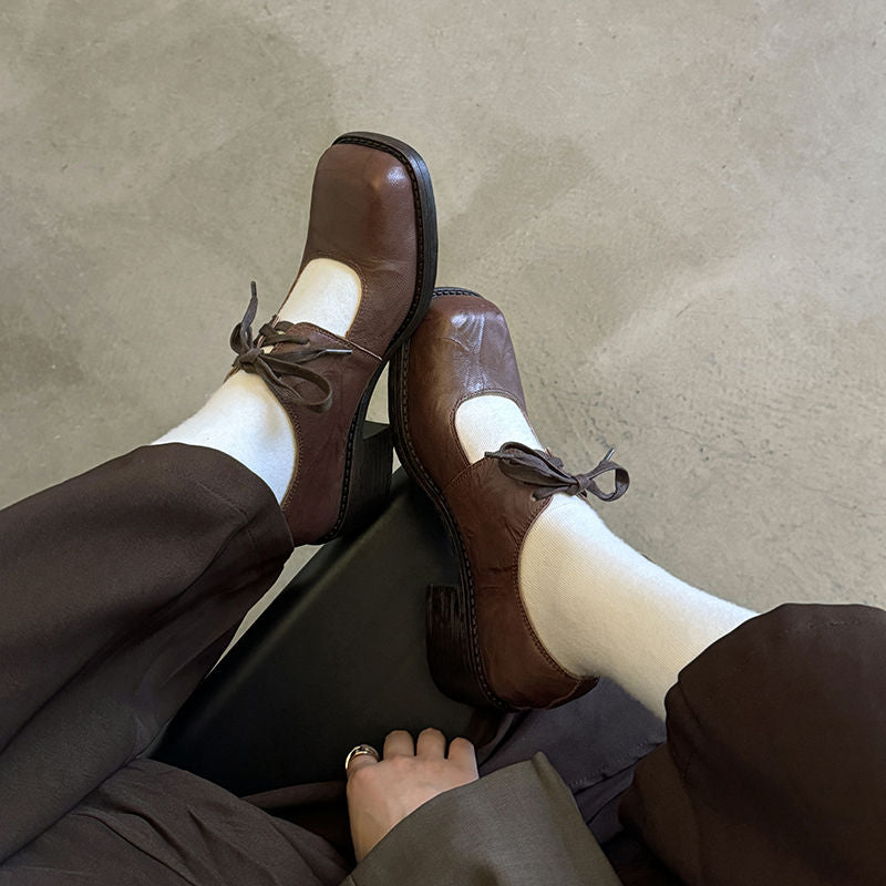 Karin Luna In Stock Spot Goods   Full leather inside and out Vegetable Tanned Hand-Grabbed Sheepskin Square-Toed Chunky Heel Single Shoes