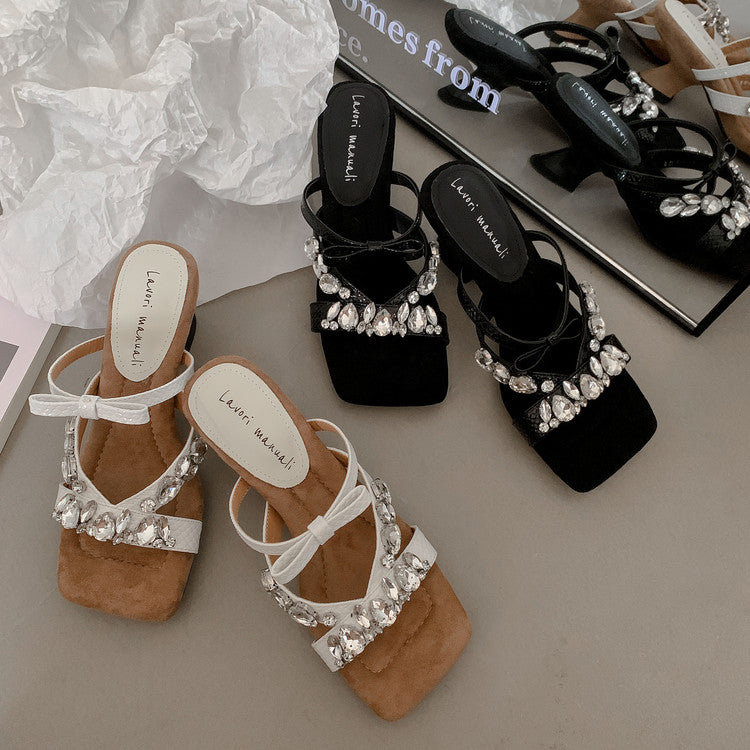 Karin Luna In Stock In Stock  Square Toe Rhinestone Bow Suede Slippers