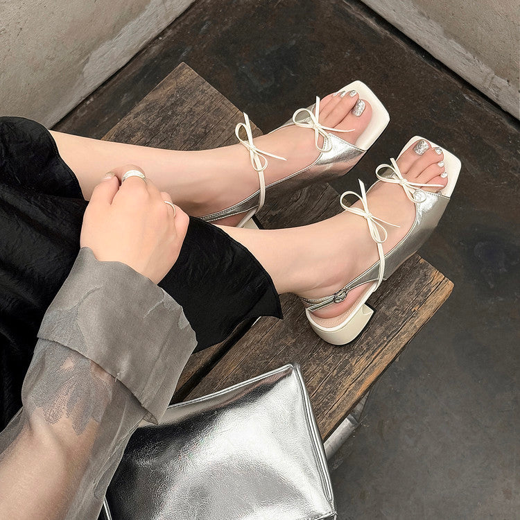 Karin Luna In Stock Spot Goods Square Toe Double Bow Thick Heel Sandals