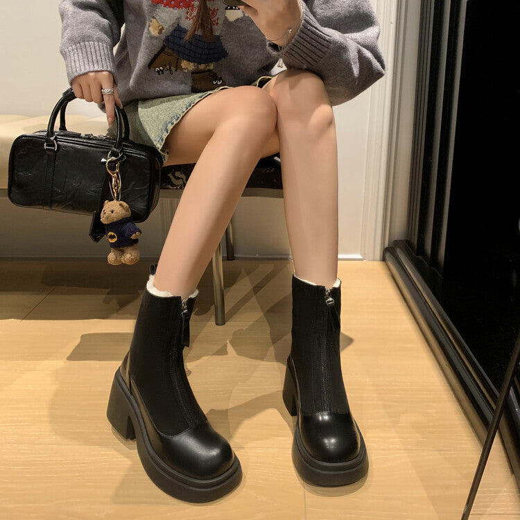 Karin Luna Basic Bestseller Timeless Thick Fur Lined Round Toe Thick Sole Cowhide Snow Boots