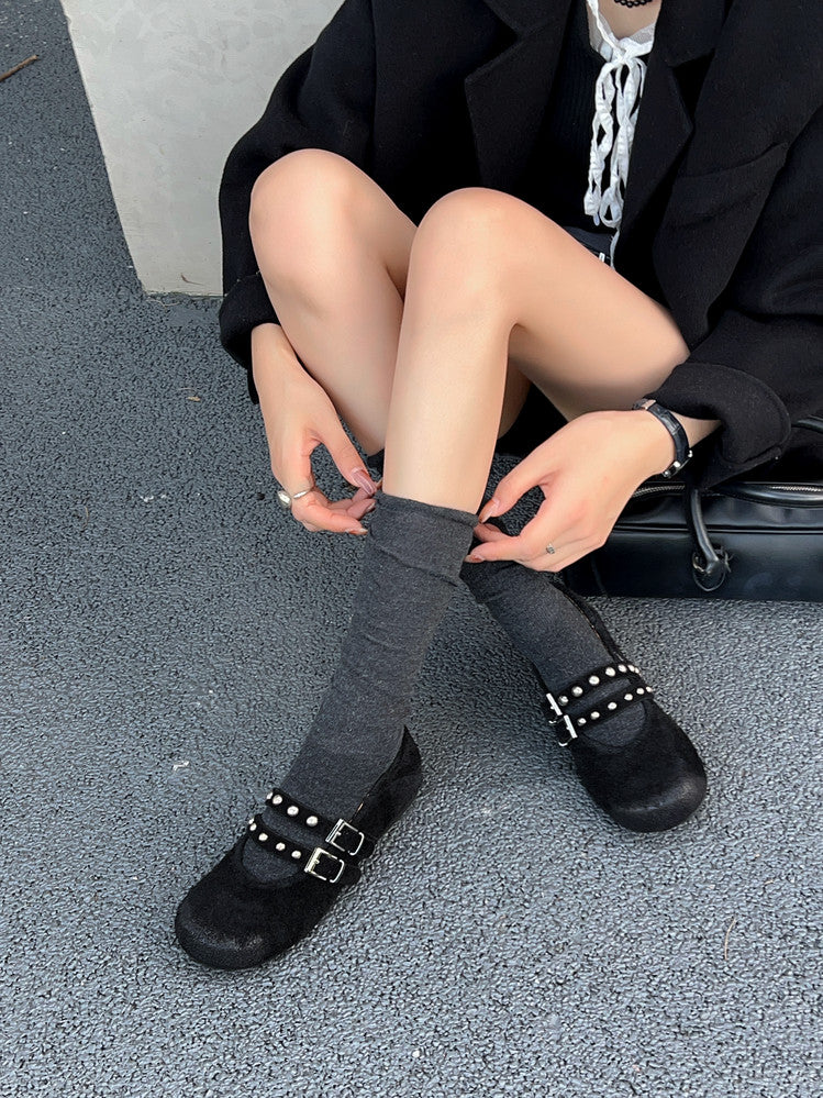 Karin Luna Hot Item Hot Item Punk Style One-Strap Round-Toe Suede Leather Height-Increasing Flats
