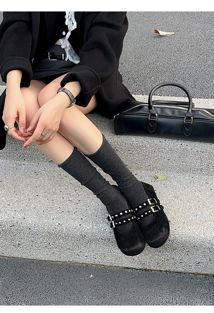 Karin Luna Hot Item Hot Item Punk Style One-Strap Round-Toe Suede Leather Height-Increasing Flats