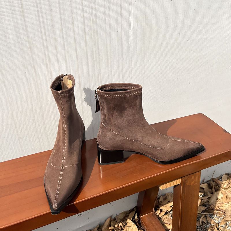 Karin Luna In Stock In Stock Elastic Slim Pointed Toe Chunky Heel Basic Ankle Boots