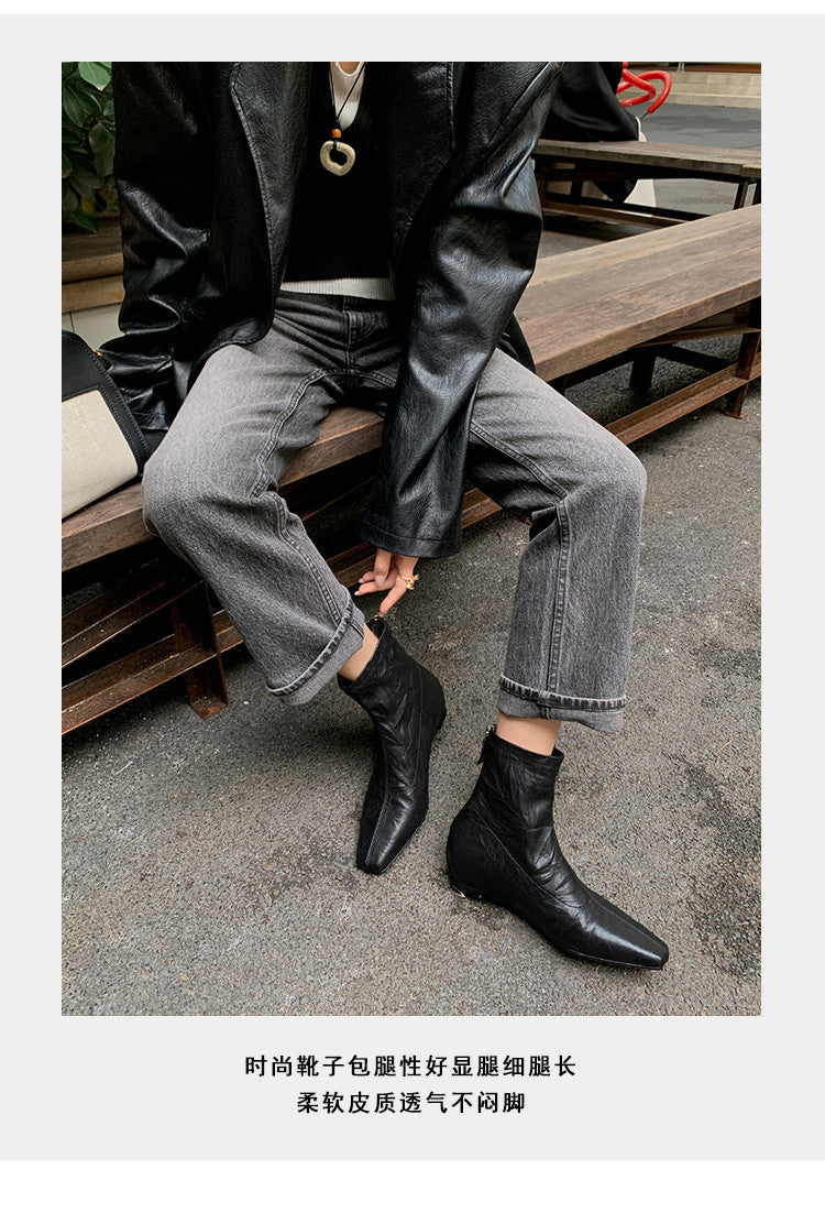 Karin Luna In Stock Spot Goods Slim Series  Hidden Wedge Small Square Toe Back Zipper Short Boots