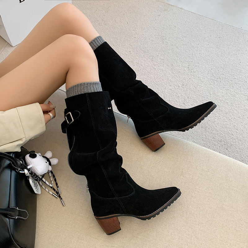 Karin Luna In Stock Spot Goods Retro Cowhide Leather Chunky Heel Suede Long Boots