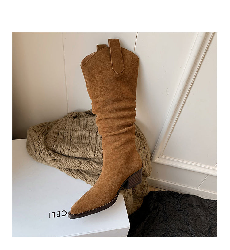 Karin Luna Elegant Style  Pointed Toe Wrinkled Wide Western Boots