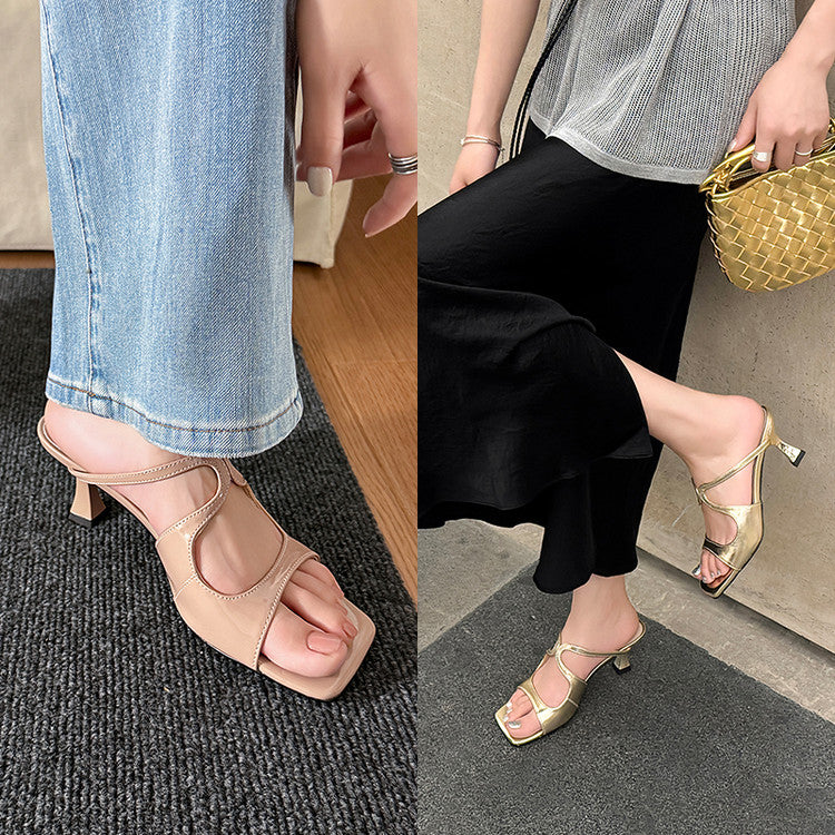 Karin Luna French Retro Square Toe Wrap Strap Open-Toe Slippers