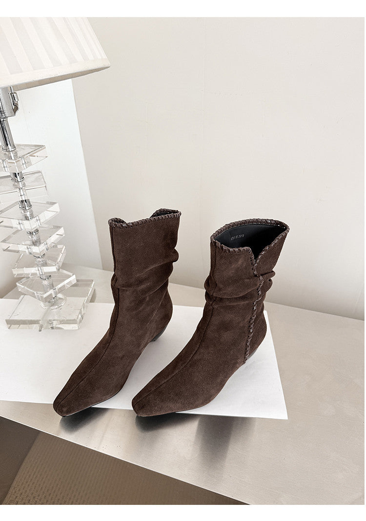 Karin Luna Small Square Toe Retro Ruched Pile Short Boots