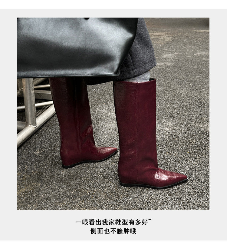 Karin Luna Elegant Style Pointed Toe Internal Height Increase Slip-On Long Boots