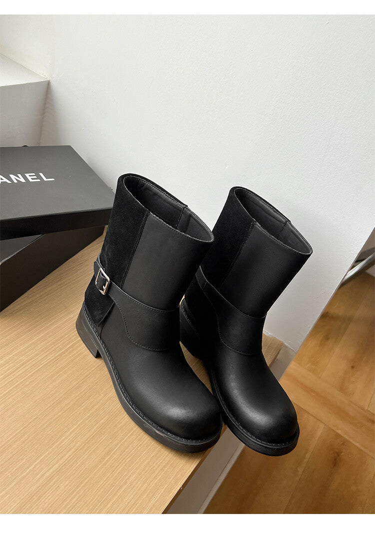 Karin Luna Belt Buckle Chunky Heel Fashion Short Boots