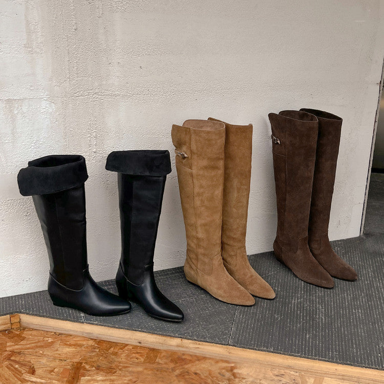 Karin Luna In Stock Spot Goods Vintage Cowhide Leather Two-Way Wear Pointed Toe Height-Increasing Long Boots