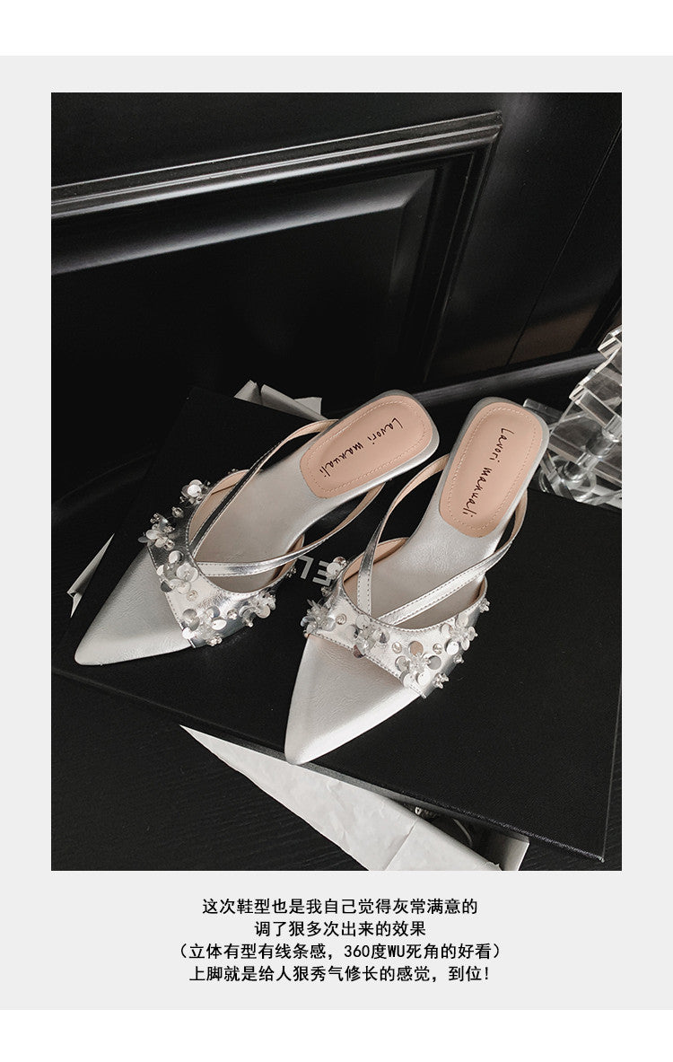 Karin Luna Bestseller Sequin Elements Elegant Pointed Toe Irregular Heel Slippers