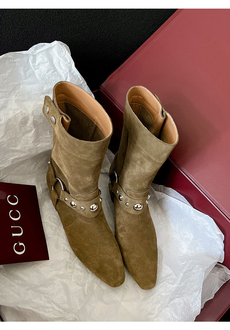 Karin Luna has prepared stock  Hot-Selling Retro Pointed Toe Wedge Metal Buckle High Tube Western Boots
