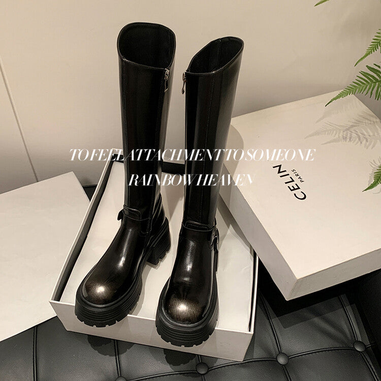 Karin Luna In Stock In Stock Slimming Diagonal Cut Tube Top  Best-selling in stock Retro Metal Buckle Thick-Soled Long Boots
