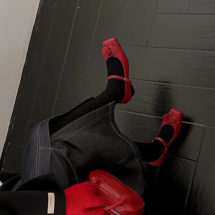 Karin Luna In Stock Spot Goods  Vintage Three-Dimensional Camellia Square-Toed Mary Jane Shoes