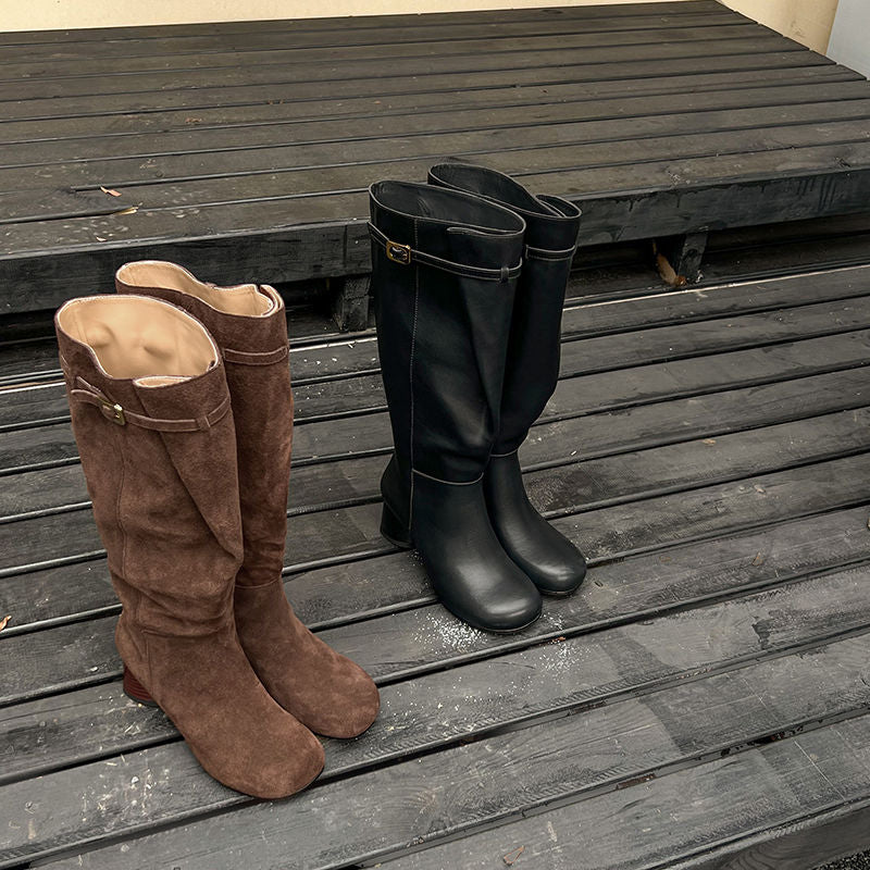 Karin Luna In Stock In Stock Mango Head Large Tube Belt Buckle Chunky Heel Long Boots