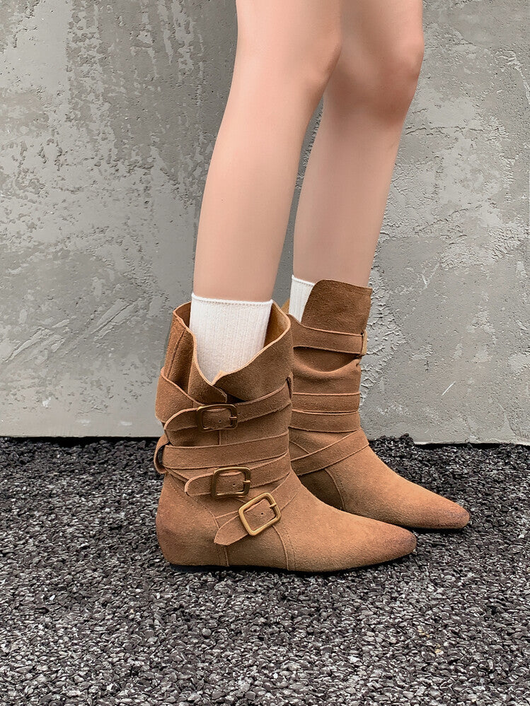 Karin Luna Cow Leather Small Square Toe Belt Buckle Fashion Boots