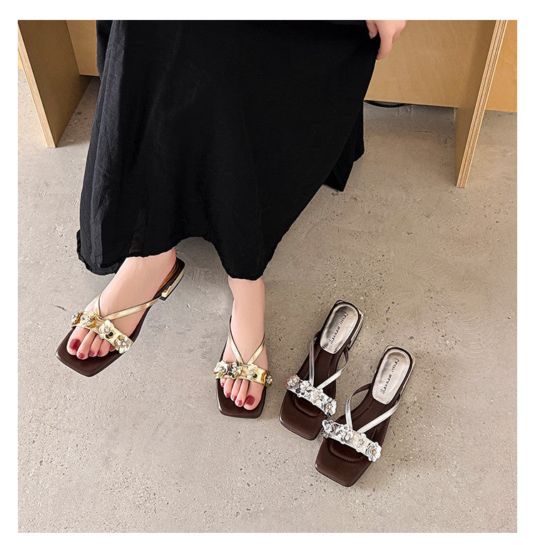 Karin Luna In Stock Spot Goods  One-Strap Sequin Floral Square-Toe Flat Slippers