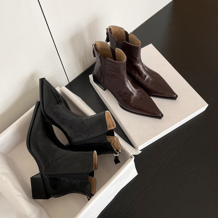 Karin Luna In Stock Spot Goods Elegant Stretch Fabric Patchwork Pointed Toe Chunky Heel Short Boots