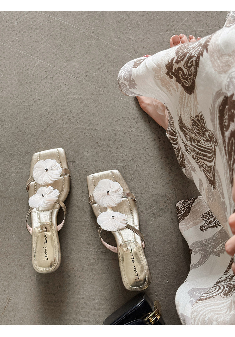 Karin Luna Hot-Selling Floral Square Toe Irregular Heel Floral Slippers