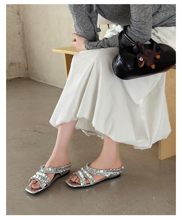 Karin Luna In Stock   Spot Goods  Niche Design Square-Toed Pleated Flat Slippers