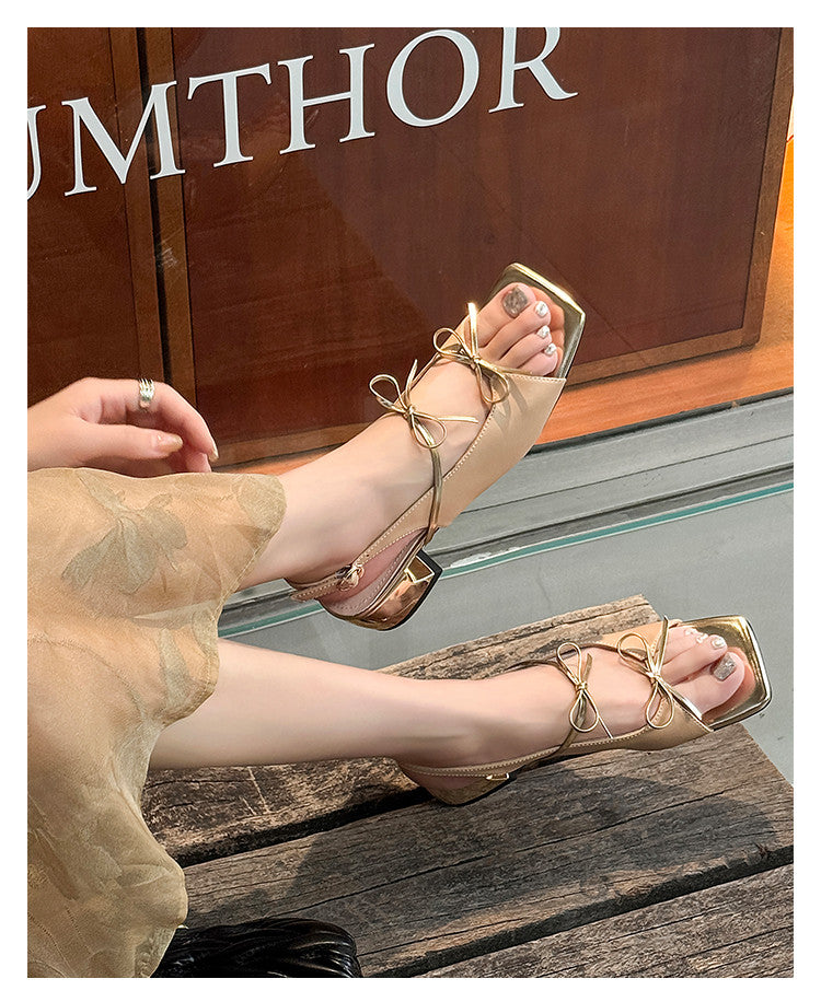Karin Luna In Stock Spot Goods Square Toe Double Bow Thick Heel Sandals
