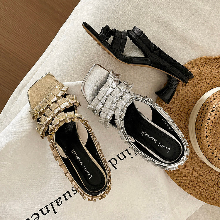Karin Luna In Stock  Spot Goods  Unique Square-Toe Pleated Lace Sandals