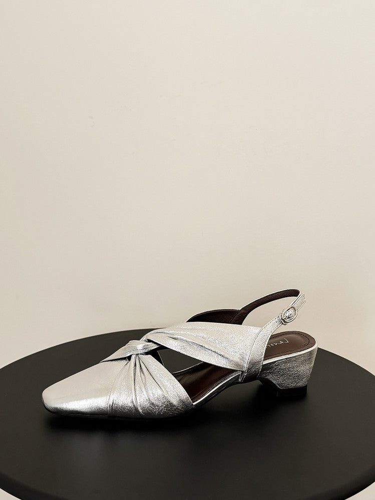Karin Luna French Retro Wrinkled Small Square Toe Elegant Closed-Toe Sandals
