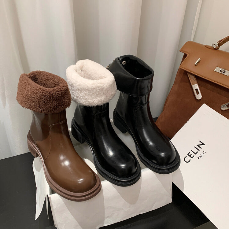 Karin Luna Classic Basic Style   Convertible Foldable Hidden Buckle Snow Fur Shoes Full cowhide Basic Flat Short Boots